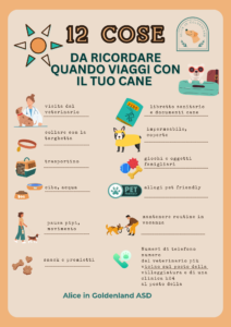 Checklist visiva con 12 cose da ricordare quando si viaggia con il cane, a cura di Alice in Goldenland ASD